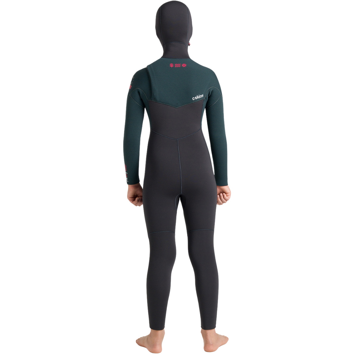 2026 C-Skins Junior Nuwave Session 5/4mm Hooded Wetsuit CSE54JH - Meteor / Forest Green / Red
